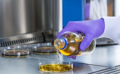 Liquid culture media being poured into a sterile petri dish