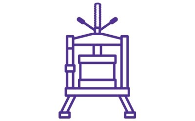 A purple line drawing of a traditional printing press, depicting quikscale® scalable family of columns