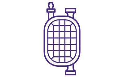 A purple outline of a gas cylinder with a grid pattern in the middle, featuring two valves at the top and a flat base.