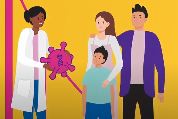 An illustration depicting a healthcare professional in a white coat, presenting a large pink molecule model to a family of three.