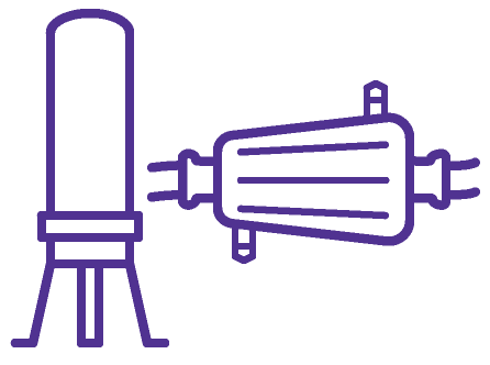 A purple line drawing of a telescope and a space satellite.