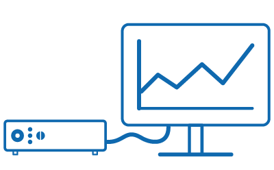 Stylized graphic of a desktop computer with a monitor displaying a line graph with peaks and valleys connected to another device used for analyzing and controlling manufacturing processes in the pharmaceutical industry. 