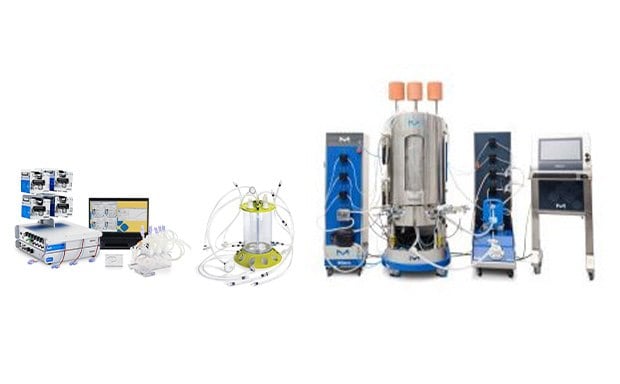 Three bioprocessing Mobius® single-use bioreactors. Mobius® Breez Microbioreactor on left, Mobius® 3 L Single-Use Bioreactor in center, and Mobius® iFlex Bioreactors on right.