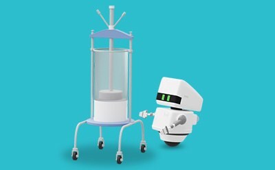 A small white robot with a rectangular head and green eyes is standing next to a tall, cylindrical laboratory apparatus on wheels. The apparatus has a blue top with several protruding rods and a transparent body, revealing internal components. The background is a solid turquoise color.