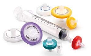 Syringe and assortment of sterile and nonsterile Millex syringe filters for applications including HPLC, UHPLC, and dissolution testing.