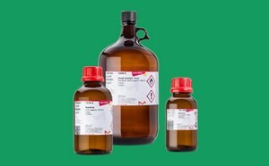 Three examples of lab solvents in glass bottles avaiable for anayltical chemistry and medical device development and manufacturing.