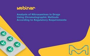 The poster features a purple cell in the center containing the title of the webinar: "Analysis of nitrosamines in drugs using chromatographic methods according to regulatory requirements." The text is written in sky blue color, providing a striking contrast against the purple background.  To the left of the purple cell, there is a yellow cell displaying a strip of tablets, representing pharmaceutical products. On the right side of the purple cell, there is another yellow cell featuring a vibrant "M" logo, representing the webinar host or sponsor.