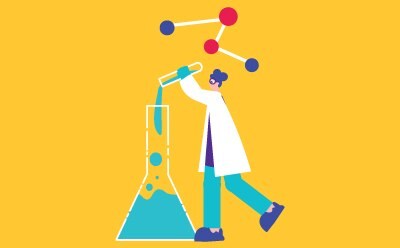 A stylized illustration of a scientist conducting an experiment. The scientist, wearing a lab coat and protective glasses, is pouring a substance from a test tube into a large beaker filled with liquid.