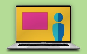 Laptop with a screen showing stylized graphic of an individual standing beside a hot pink rectangle. The laptop screen displays a colorful abstract image, and the entire scene is set against a vibrant green background. 