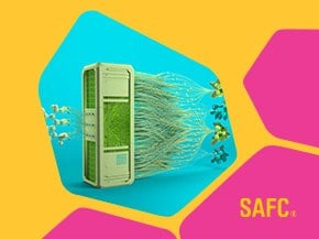 A vibrant graphic featuring a green device with flowing plants and leaves on a bright blue background. The left side is filled with a bold yellow color, and the lower right corner includes the logo "SAFC®" in pink.