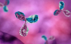 3D illustration of antibodies in aqua and magenta