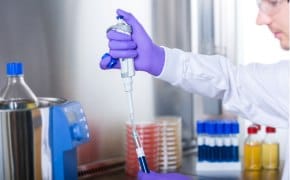 Large, brown solvent bottle with Supelco® branded label is opened by a lab worker wearing blue nitrile gloves. Only the hands and lower arms of the worker are shown. One small brown solvent bottle and two small white bottles can be seen in the background.