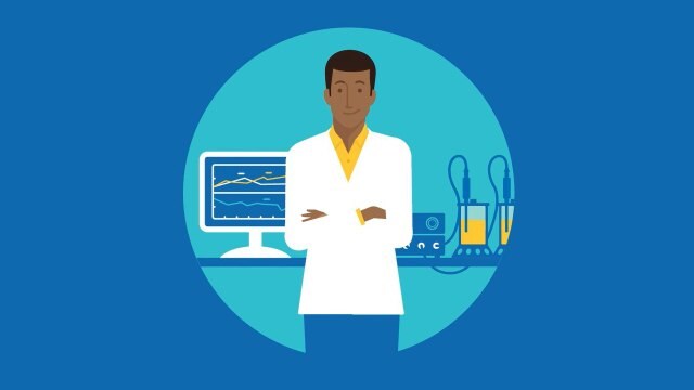  Scientist standing in front of a computer monitor displaying graphs and a table with medical equipment, all encapsulated within a circular blue background.