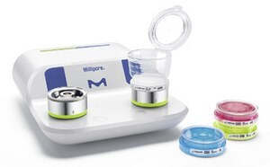 The Millipore Milliflex Oasis® filtration system, featuring a sleek white base with two circular filtration units and a transparent container on top, accompanied by several Petri dishes in blue and pink, all arranged on a clean, white background.