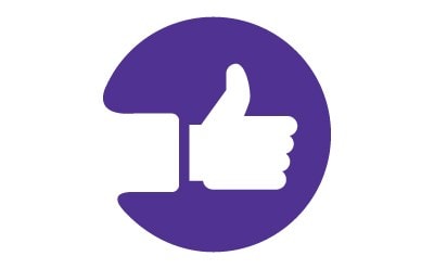 An illustration of a white hand on a purple background. The hand has a thumbs up gesture.