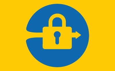 A graphic of a yellow lock with an arrow pointing to the right, set inside a blue circle on a yellow background.