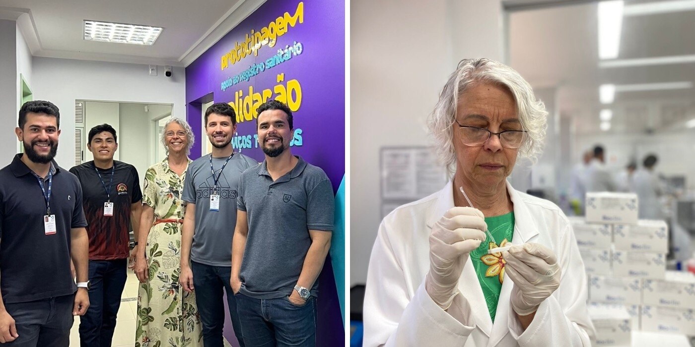 (L) A group of researchers stand outside a laboratory. (R) Dr. Bührer wears a lab coat, gloves and holds a rapid test for Hansen’s disease in her hand. She is looking down and holding a swab.