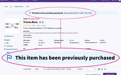 Screenshot of Millipore Sigma product detail page showing previous purchase banner