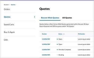 View of the quote list page with recent quote and all quotes tabs