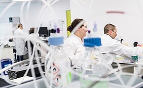 Scientists in white lab coats working in analytical testing laboratory