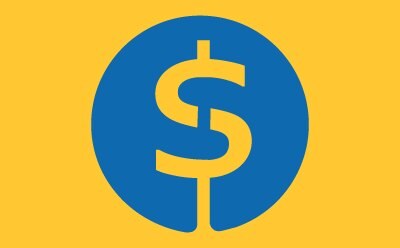 A blue circle with a yellow US dollar icon at its center, on a yellow background.