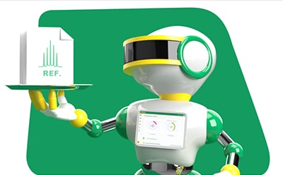 The image is a 3D rendering of a robot with a humanoid shape. The robot has a white body with green arms and legs, yellow bands around the joints, and a black visor that appears to be its eyes. The background is purple, and the robot is gesturing towards its chest screen, which displays an application with text.