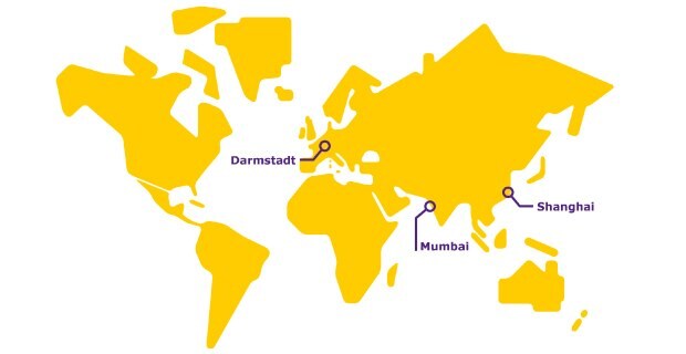 World map showing the locations of our Formulation and Technology Centers: Darmstadt, Germany; Mumbai, India; Shanghai, China.