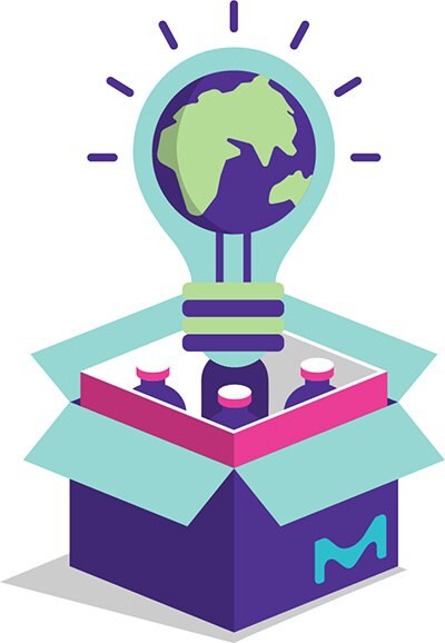 Logo representing SMASH packaging, featuring a light bulb with a globe on top of a box, highlighting the focus on sustainable improvements in packaging.