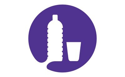 A pictogram set against a purple background depicts a bottle and glass of water in white. This pictogram symbolizes the media and suggests its potential role as a source of contamination from elemental impurities.