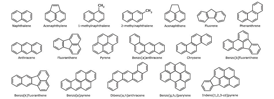 Chemical structures of 16 EPA 610 & 8310 + 2 PAH compounds