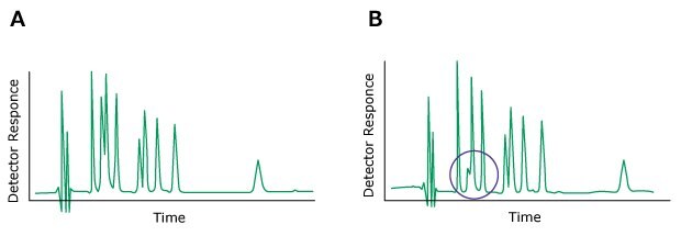  Two HPLC chromatograms labeled A and B, plotted with detector response on the y-axis and time on the x-axis. The chromatogram on the left (labeled A) displays normal peaks colored in green. In contrast, the chromatogram on the right (labeled B) exhibits green-colored peaks, with one of the peaks (circled in blue) of a different height.