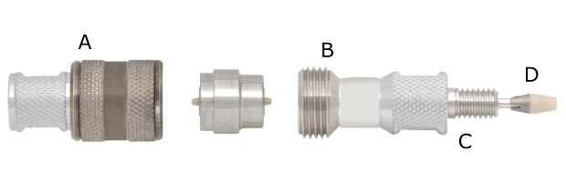 A real photograph of an Ascentis® Express guard column is depicted, showcasing its clearly separated parts identified as A, B, C, and D