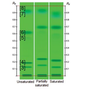 HPTLC chromatogram of the UHM with developing solvent G and conditioned with different relative humidities prior to development