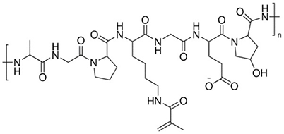 A structural chemical formula of Gelatin Methacryloyl (GelMA), showing a complex arrangement of carbon rings, chains, nitrogen bases, oxygen, and hydrogen atoms. The structure includes repeating units indicated by “(N)” to denote polymerization, with various functional groups such as hydroxyls, ketones, and amides. GelMA is a modified gelatin used in biomedicine and tissue engineering for creating hydrogels.