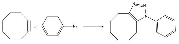 Chemical reaction between cyclooctyne and phenyl azide to give 1-phenyl-4,5,6,7,8,9-hexahydro-1H-cycloocta[d][1,2,3]triazole showing the bond line structural formulas of the compounds involved.