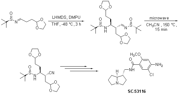 A chemical reaction diagram depicting the synthesis of the compound SC-53116. The process begins with a starting molecule featuring a sulfur atom (S), nitrogen (N), and various functional groups. The first step involves the use of lithium hexamethyldisilazane (LHMD) and N,N'-dimethylpropyleneurea (DMPU) in tetrahydrofuran (THF) at -48°C for 3 hours. The reaction proceeds to a second step involving microwave heating in acetonitrile (CH₃CN) at 150°C for 15 minutes, leading to the formation of an intermediate structure. The final product, SC-53116, is shown on the bottom right, indicating the complete synthesis.