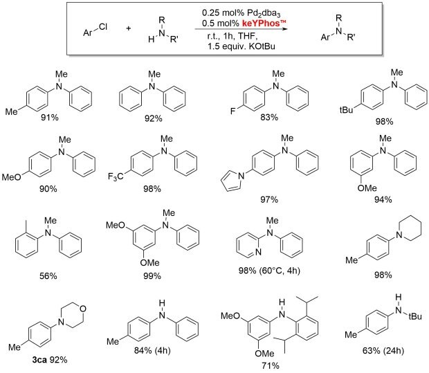 A reaction scheme illustrating the coupling of an aryl chloride (ArCl) with an amine (H2N-R') using 0.25 mol% Pd2(dba)3 and 0.5 mol% keYPhos in THF at room temperature for 1 hour, with 1.5 equivalents of KOtBu. Below the reaction, various products are shown, each with their respective yields indicated as percentages. The structures include different substituents on the aromatic rings, such as methyl (Me), fluoro (F), trifluoromethyl (F3C), methoxy (MeO), and tert-butyl (tBu). The yields range from 56% to 99%.