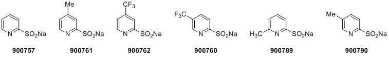 Six chemical structures, each with a unique product number below them. The structures are variations of benzene rings with different functional groups attached, such as amine (NH2), sulfonate (SO3Na), methyl (CH3), fluorine (F), and ketone (C=O). The product numbers are 900757, 900762, 900760, 900759, 900763, and 900760. 