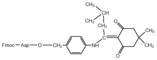 A chemical structure showing an Fmoc-Asp linked to a phenyl group and a complex aromatic compound with alkyl chains.