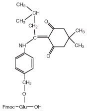 A chemical structure featuring Fmoc-Glu linked to a phenyl group and a complex aromatic compound with alkyl chains.