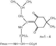 A chemical structure with an Fmoc-amino acid, a carbonyl group, and a variable alkyl chain (n=1 to 4).