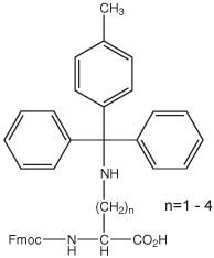 A chemical structure with three phenyl groups, an amine, and an Fmoc-amino acid with a variable alkyl chain (n=1 to 4).