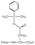 A chemical structure with a phenyl group, an ester linkage, and an Fmoc-amino acid connected to a carbon chain.