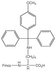 A chemical structure with three phenyl groups, an amine, and an Fmoc-amino acid linked to a four-carbon chain.