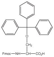 A chemical structure with a central oxygen atom linked to three phenyl groups and an Fmoc-amino acid.