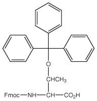 A chemical structure with a central oxygen atom, three phenyl groups, and an Fmoc-amino acid connected to an ethyl group.