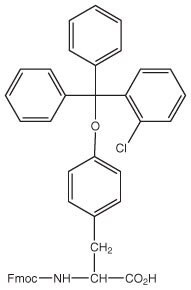 A chemical structure featuring a central oxygen atom, three phenyl groups, a chlorine atom, and an Fmoc-amino acid.