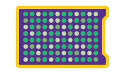 A colorful rectangular design featuring an array of green and white dots arranged in rows on a rich purple backdrop, encased within a bold yellow and green outline which is a representation of high-throughput Target detection