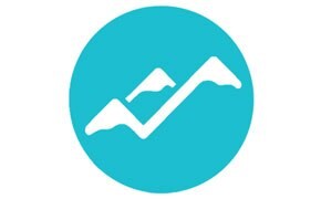 A circular logo in turquoise featuring a white mountain silhouette with a rising graph line, symbolizing growth or progress.