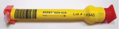 Yellow and red asset-ez4-dry with text labels. The main body is yellow with a scale marked in black, and the ends are red. On the body, there’s printed text ‘ASSET EZ4-ICA’ followed by an arrow pointing towards the nozzle end and ‘Lot# 12345’.”